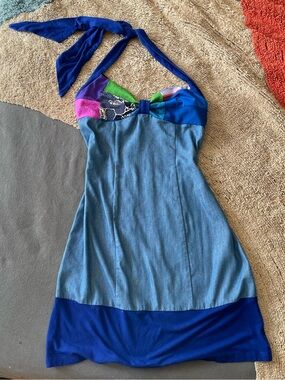 Myco Anna | y2k blue boho halter dress with multicolor bust